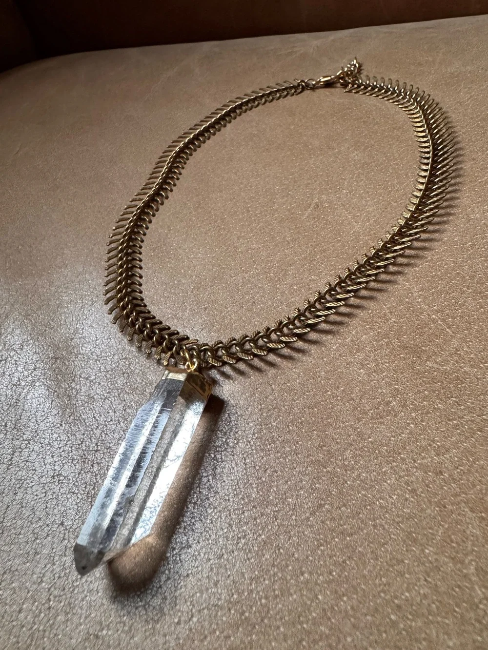 Crystal Quartz pendant necklace gold brass Fishbone chain
